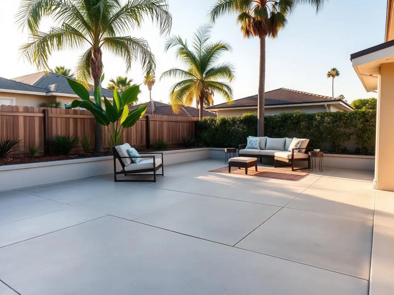 Professionally poured concrete backyard patio with engineered drainage slope and Southern California palm tree landscaping in Long Beach