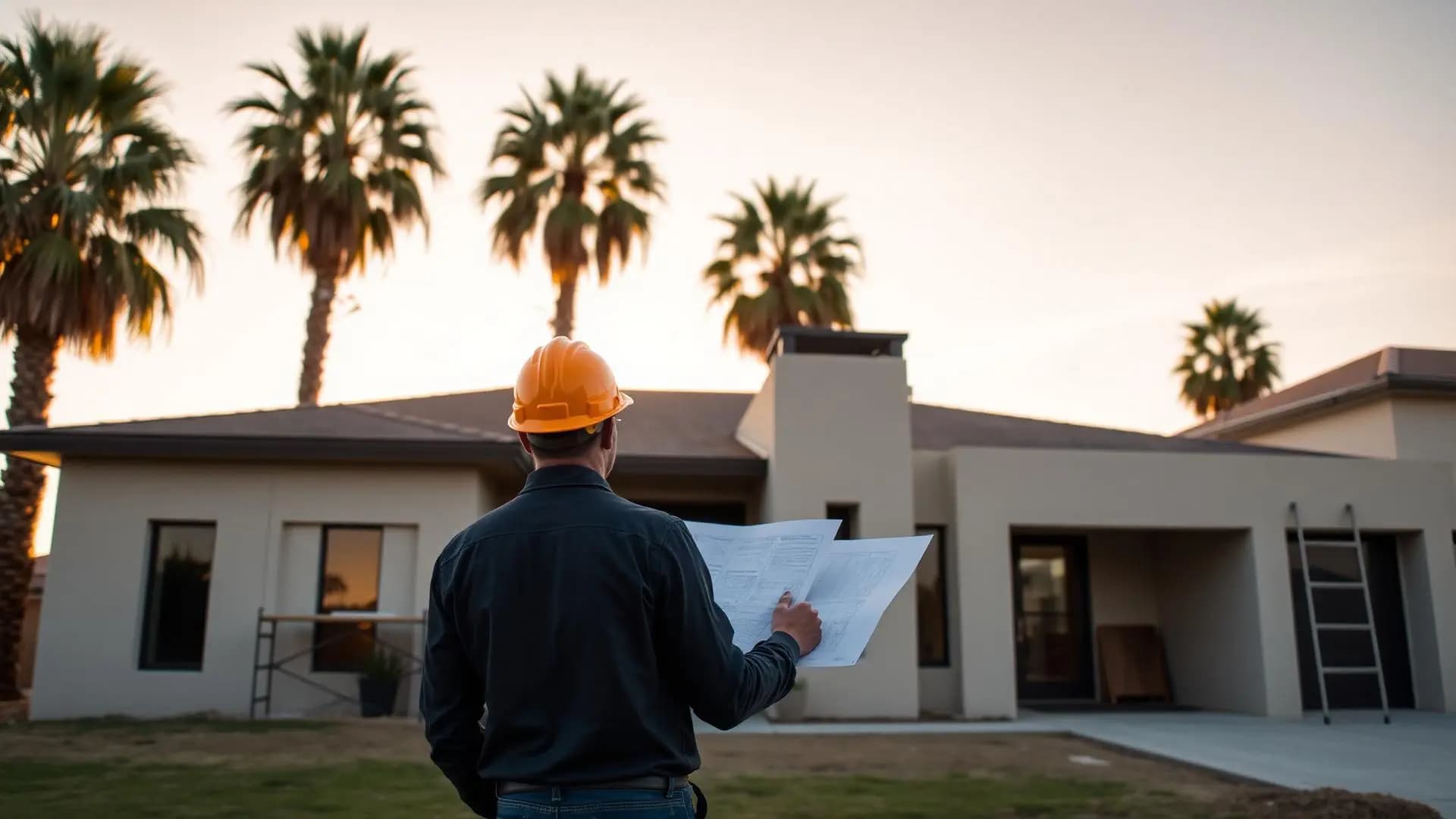 Long Beach contractor reviewing blueprints in front of a modern home with palm trees at golden hour