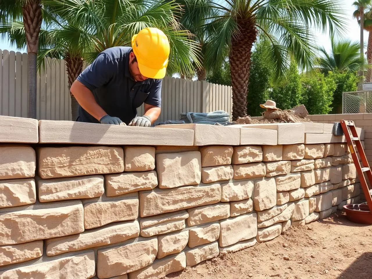 Retaining wall concrete blocks professionally installed with precise tight joints and level alignment in Long Beach