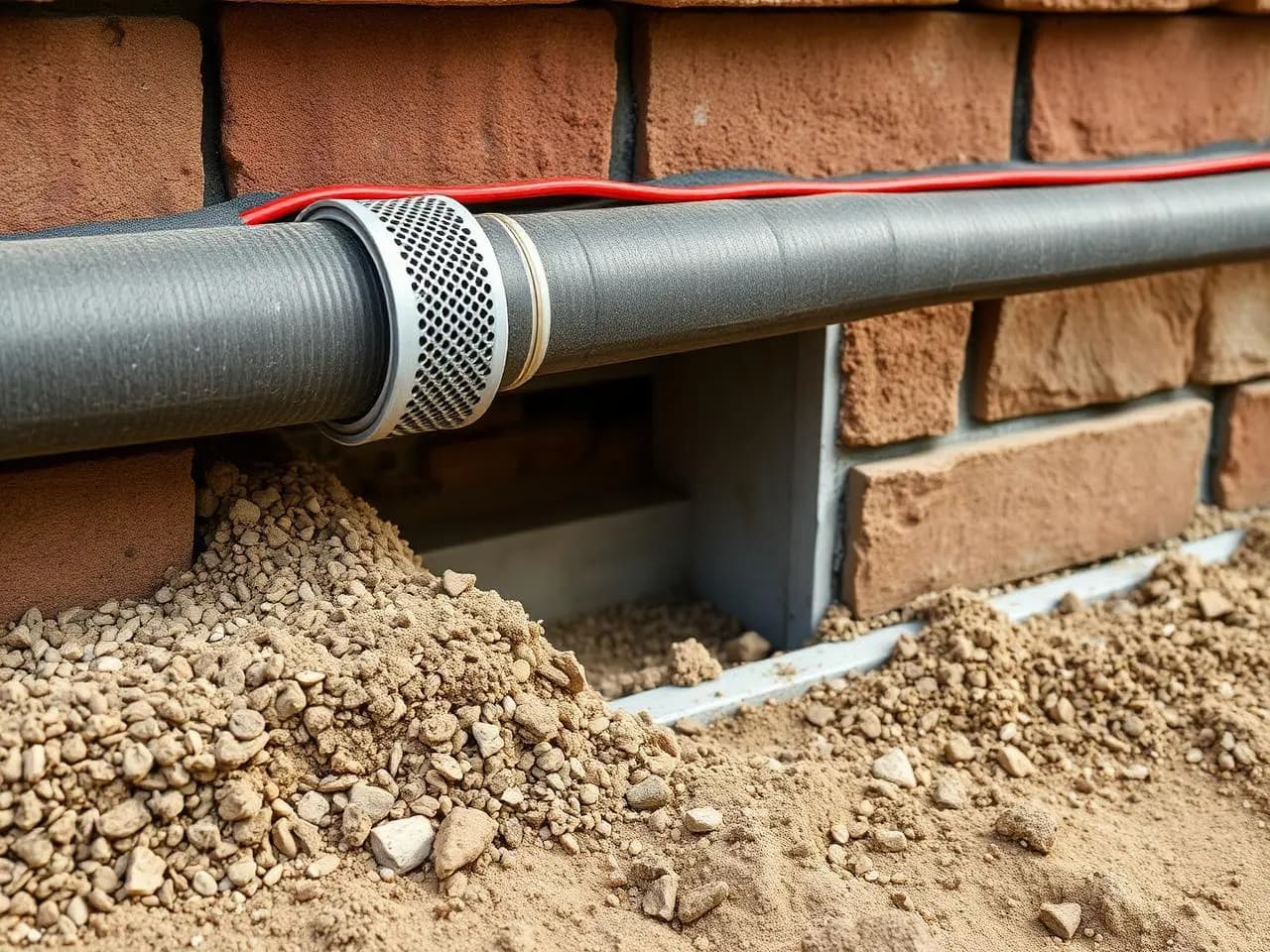 Engineered retaining wall drainage system and concrete footing detail showing gravel backfill and perforated pipe installation
