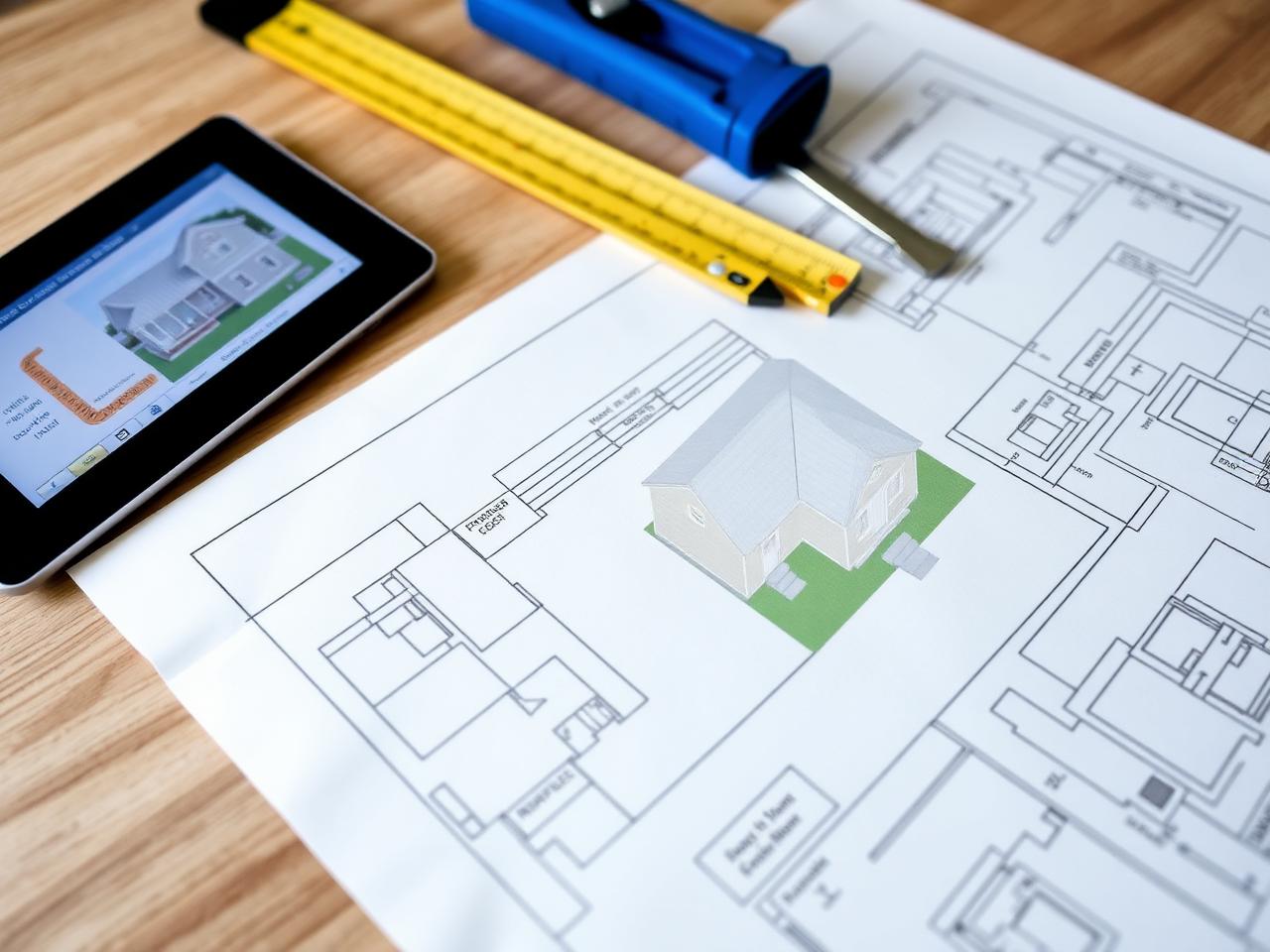 Home addition floor plans and 3D model on a desk
