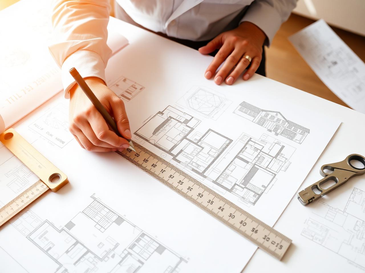ADU builder reviewing compact floor plans and construction details