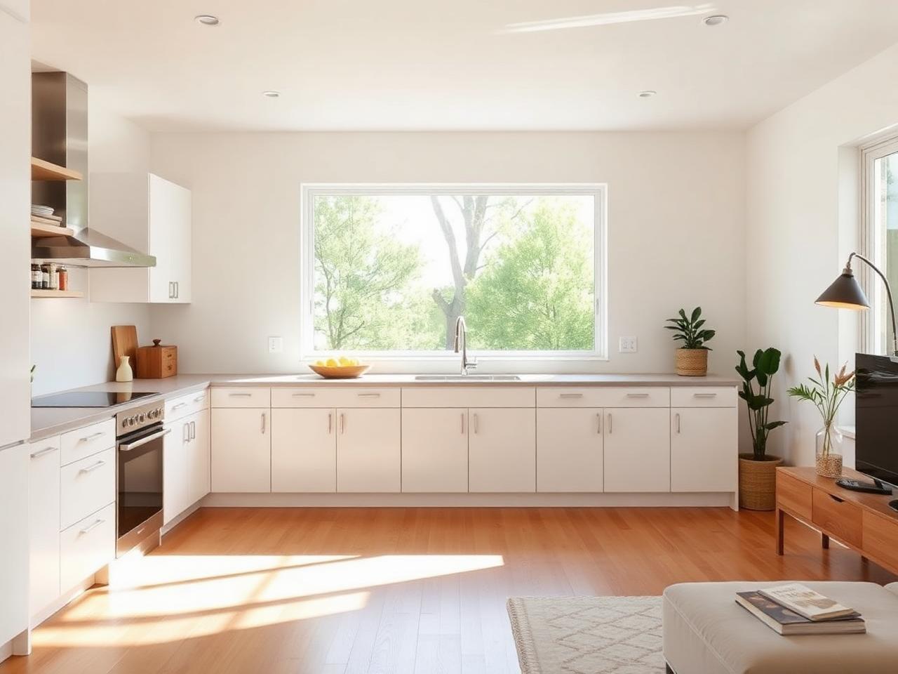 Bright modern ADU interior with a compact kitchen, wide window, and flexible living space