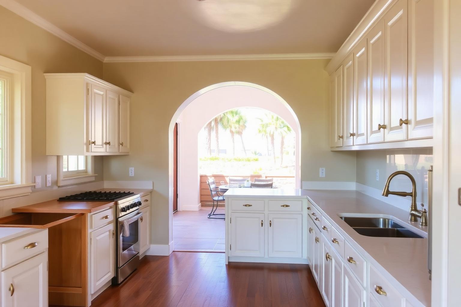 1920s Spanish bungalow kitchen in Belmont Shore, Long Beach, mid-remodel with original oak floors and white shaker cabinets