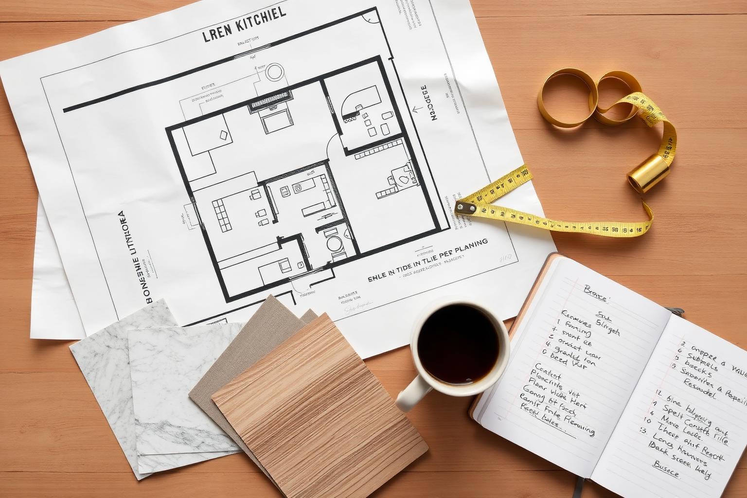 Kitchen remodel planning with drawings, finish samples, and budget notes