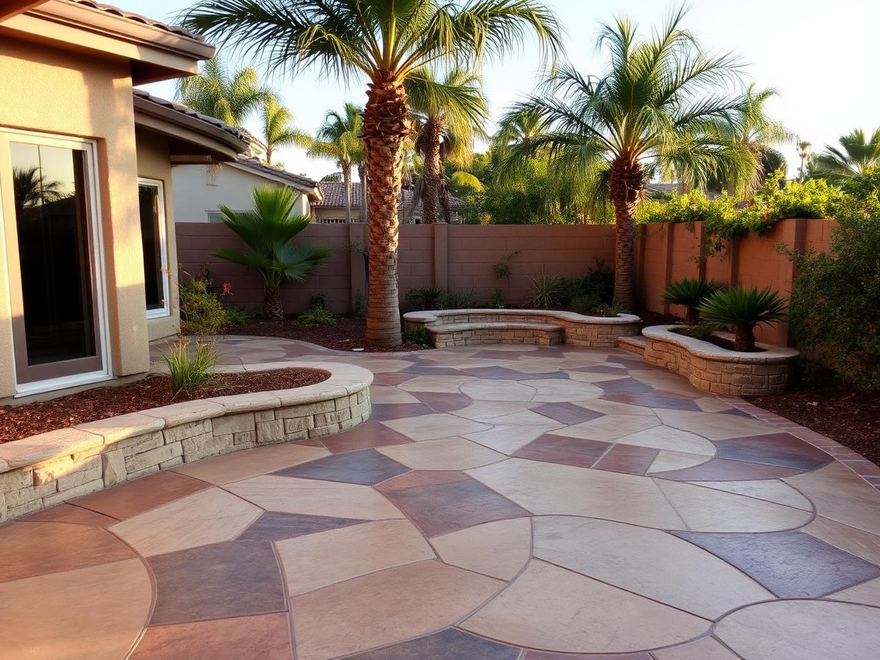 Decorative stamped and stained concrete patio in Southern California with palm trees