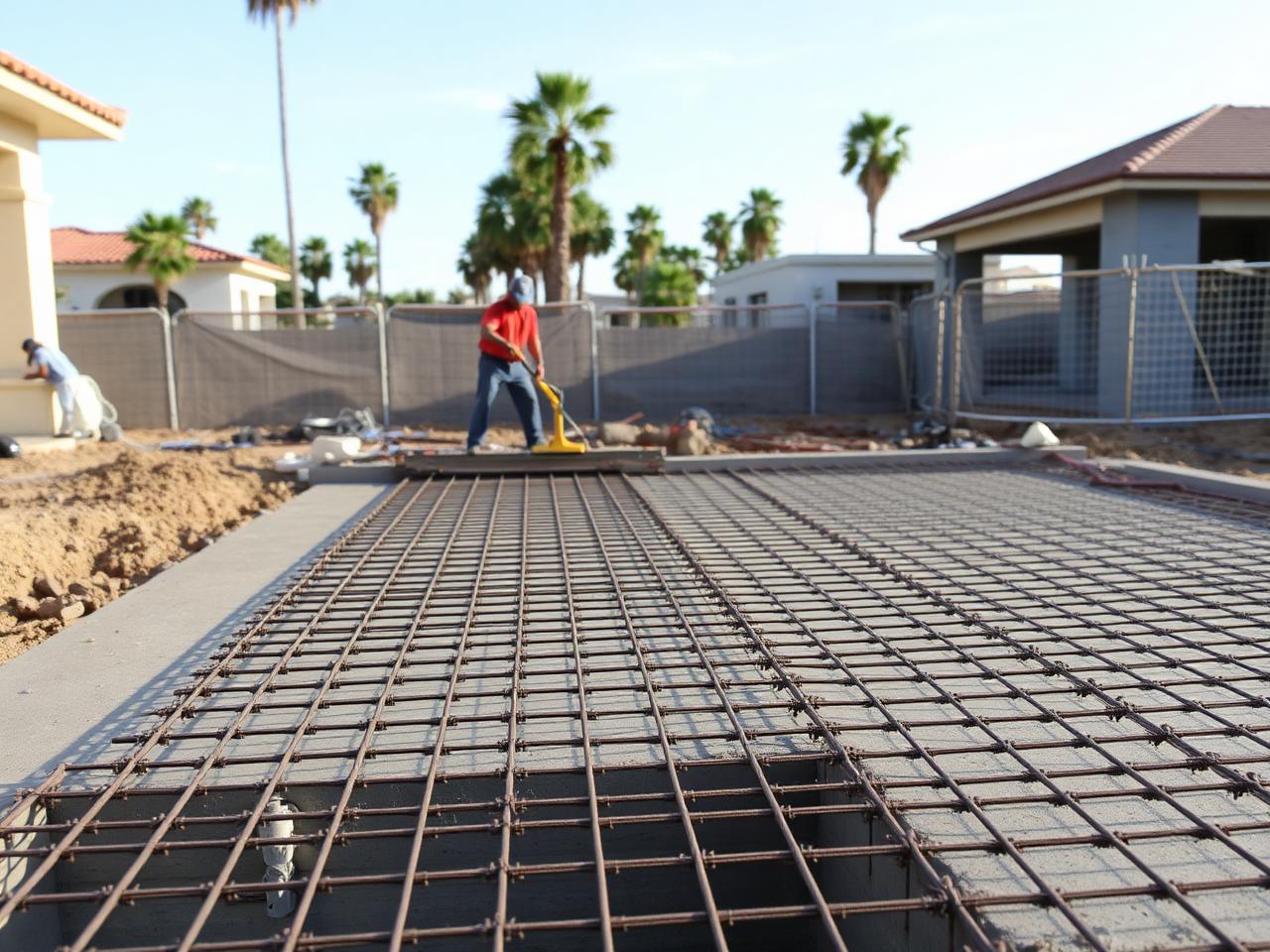 Rebar grid tied for a concrete foundation slab in Long Beach with palm trees in background