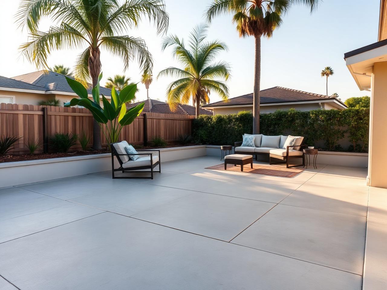 Backyard concrete patio in Long Beach with proper drainage slope and palm trees