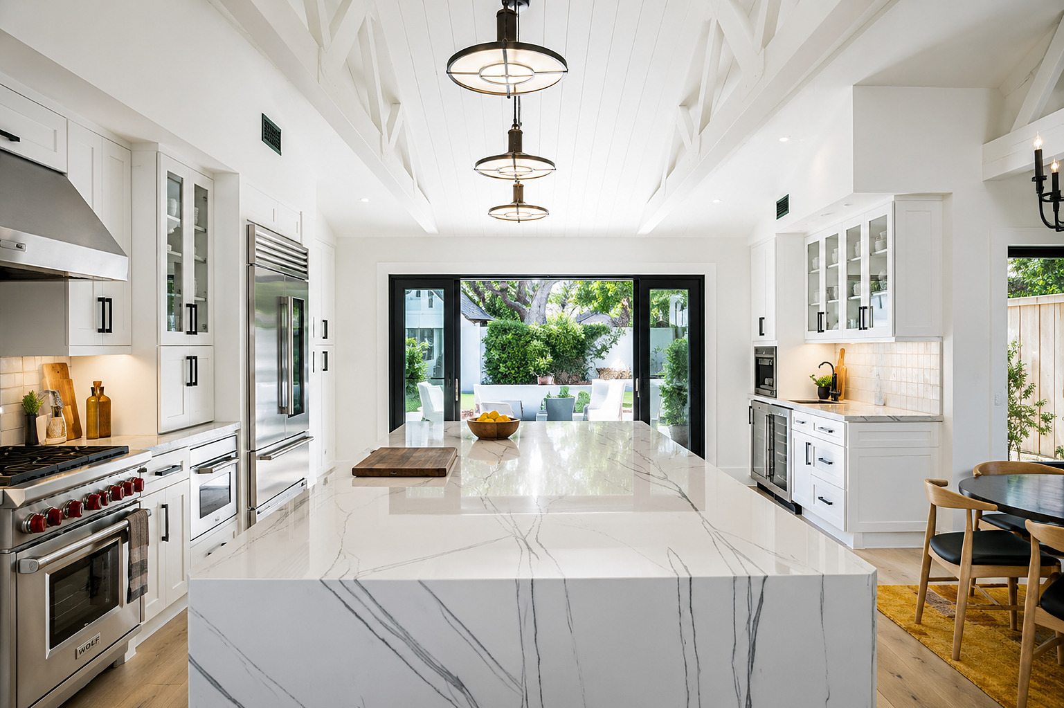 Modern farmhouse kitchen interior with marble island