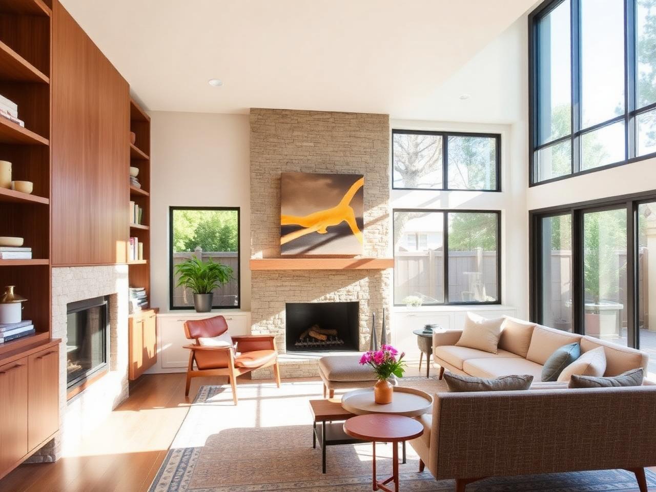 Renovated mid-century living room with stone fireplace and custom built-ins
