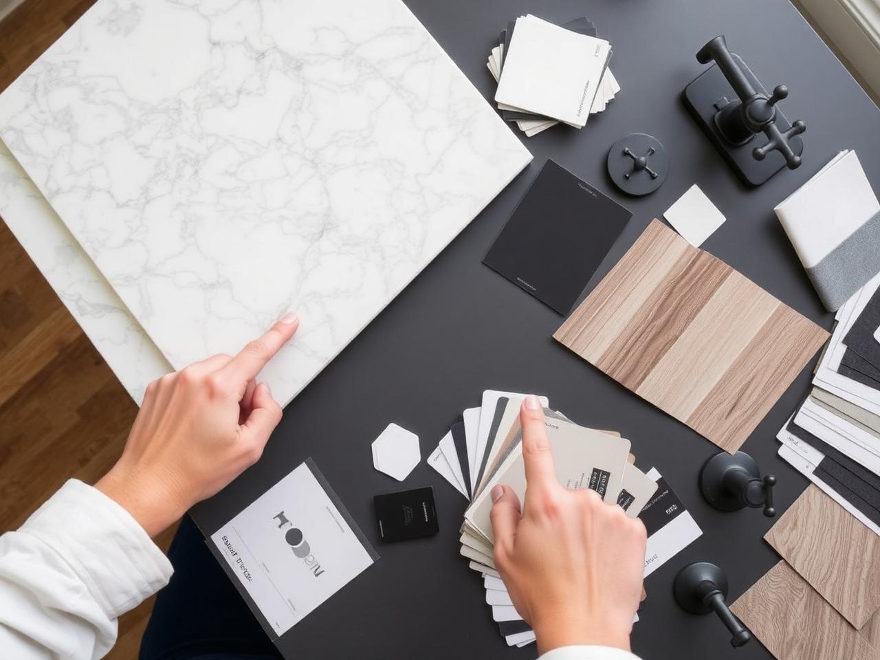 Designer selecting marble, tile, hardwood, and fixture samples for a home remodel