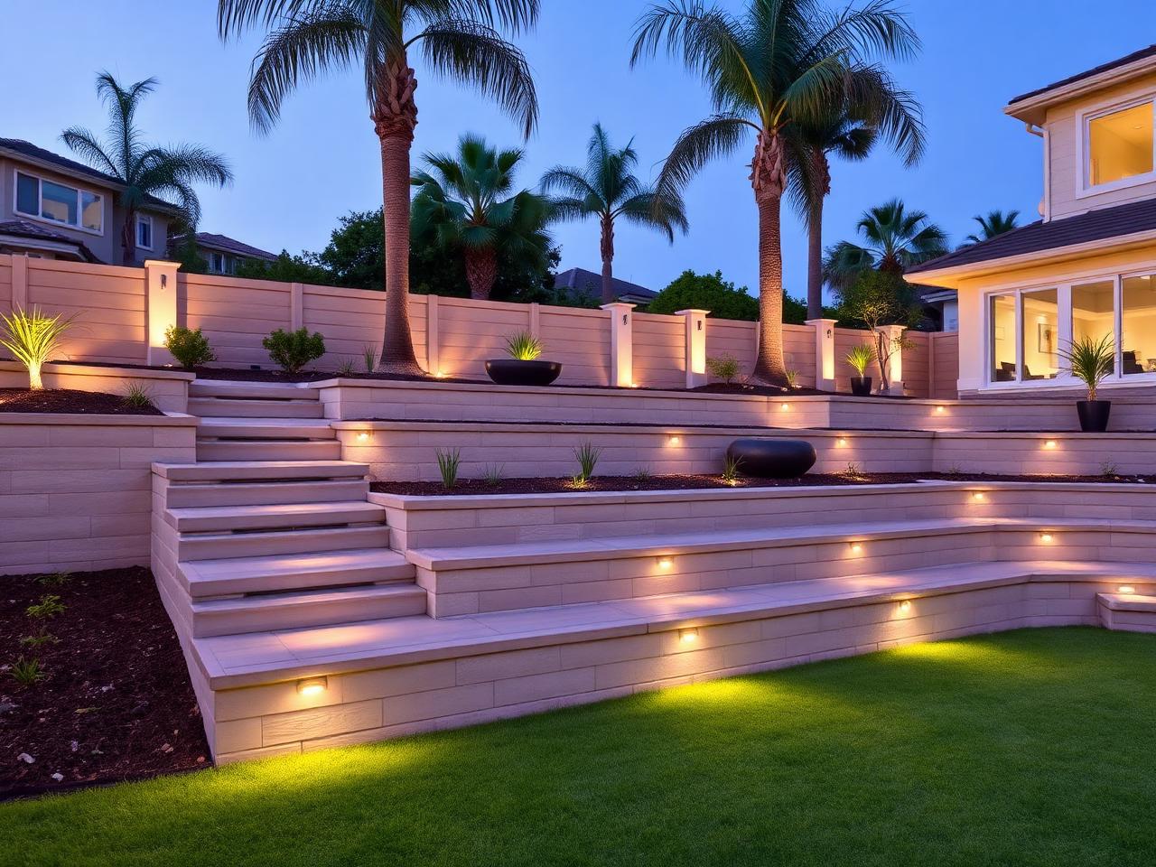 Tiered retaining wall with steps and landscape lighting