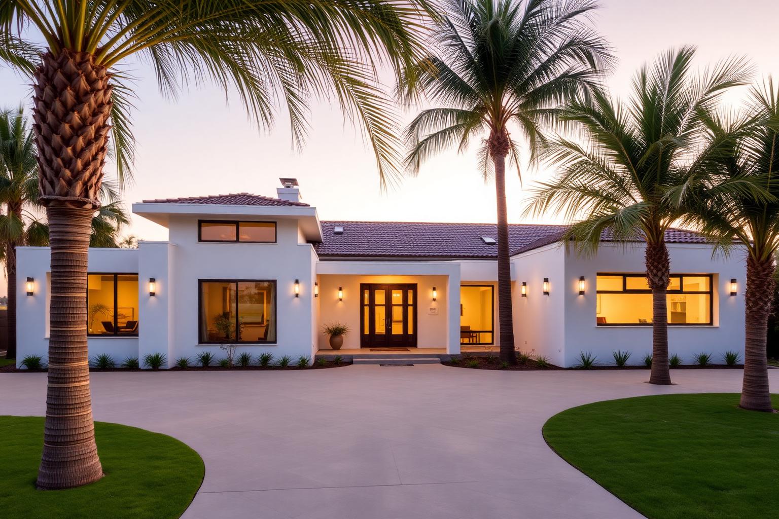 Modern Long Beach home exterior with palm trees at golden hour